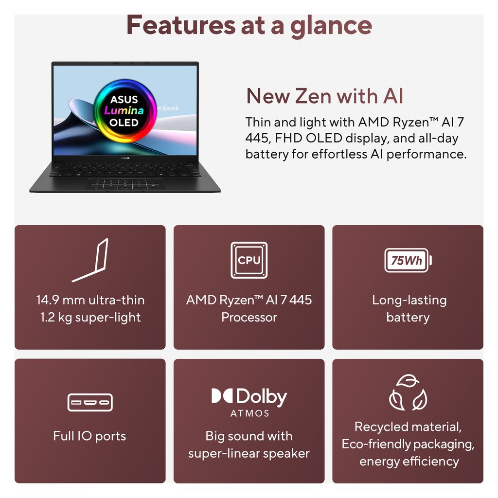 ASUS Zenbook 14" 3K OLED 120Hz AI Laptop - Ryzen AI 7 350 16GB 512GB W11H