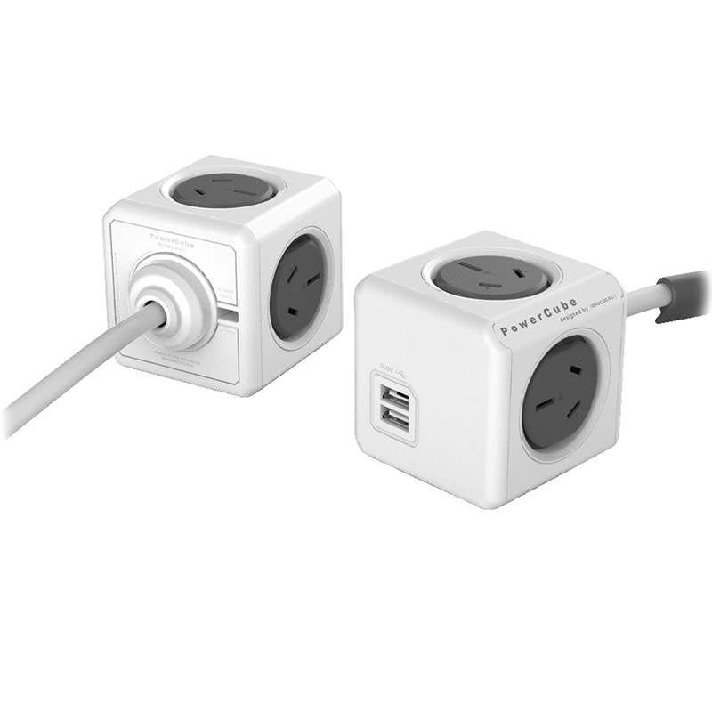Allocacoc PowerCube Extended USB -  4 Outlets  2 USB - 1.5M Cable - Trolley Grey(5400/AUEUPC-GREY) - 1