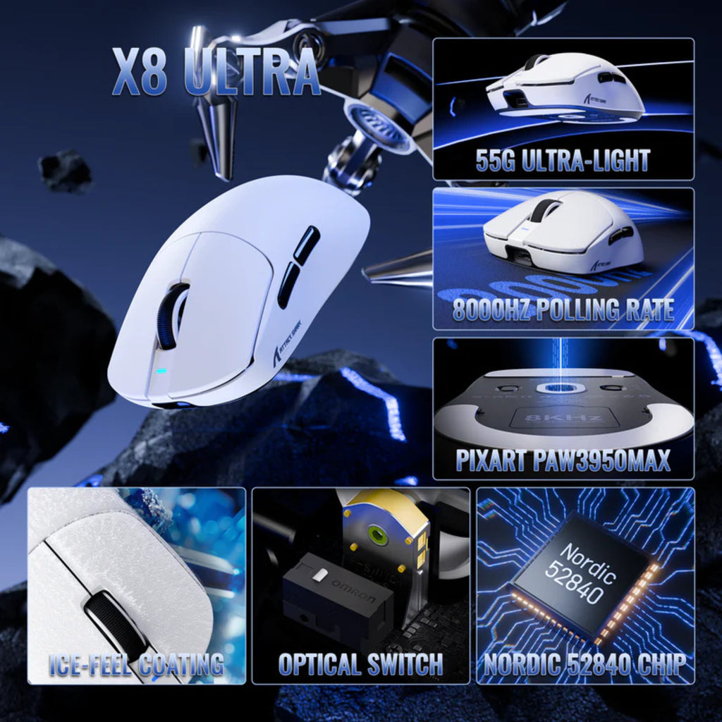Attack Shark X8SE Wireless Optical Gaming Mouse - White - Omron Optical Switch(X8SE-White) - 6