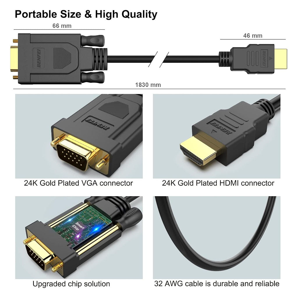 BENFEI 1.8m HDMI to VGA Cable(ELEBEN181BK) - 2