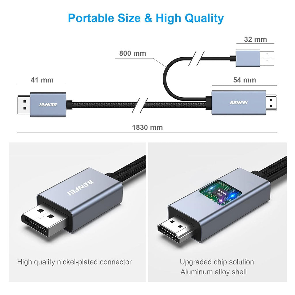 BENFEI 344GY-3M 3m Unidirectional 4K Active HDMI to DisplayPort Cable w/ USB Powered(ELEBEN344GY3M) - 3