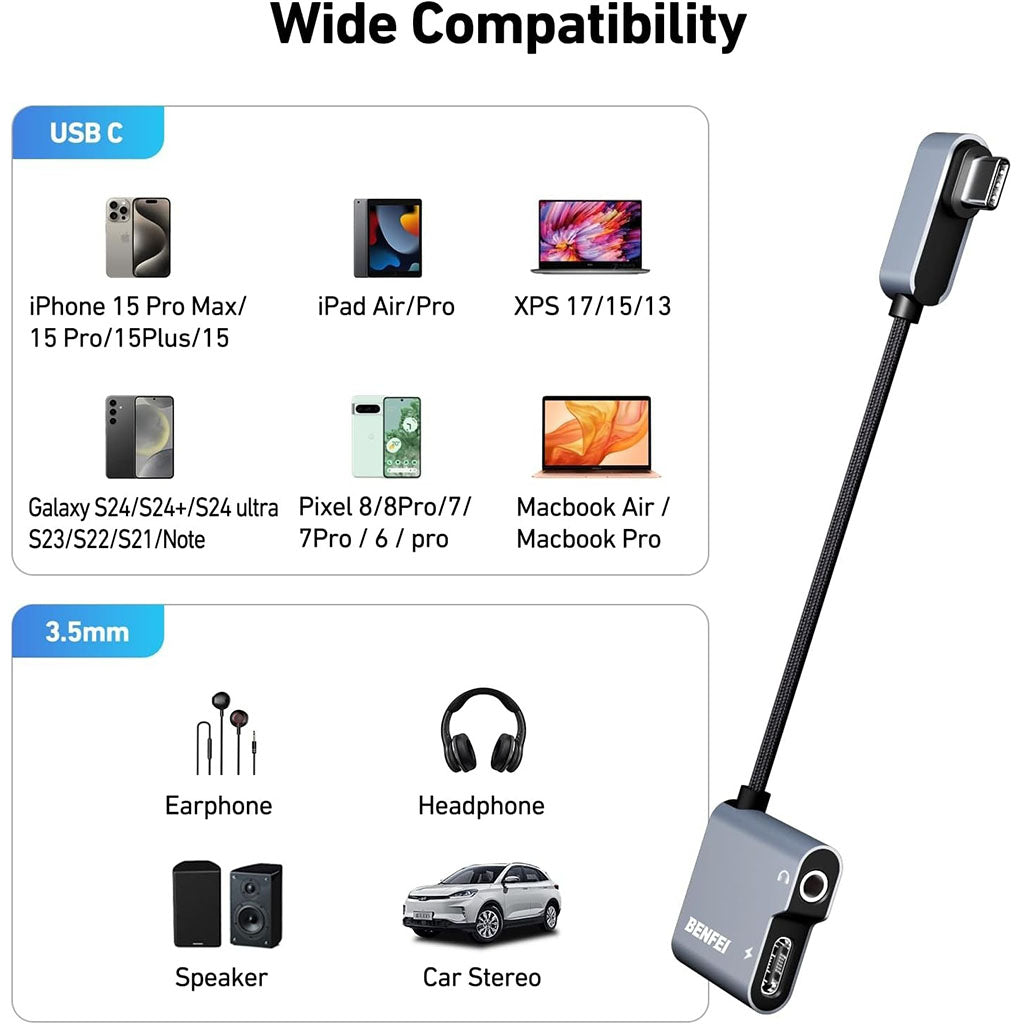 BENFEI USB-C to Audio Jack Adapter w/ 60W Fast Charging(ELEBEN361GY) - 3