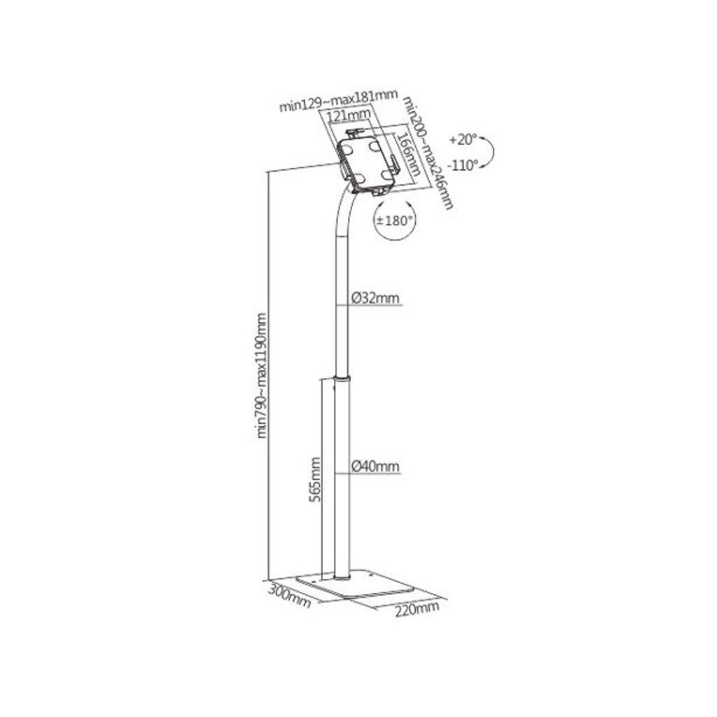 Brateck Height Adjustable Universal Anti-Theft Tablet Floor Stand w/ Lock - 7.9-11 tablets(PAD33-01) - 2