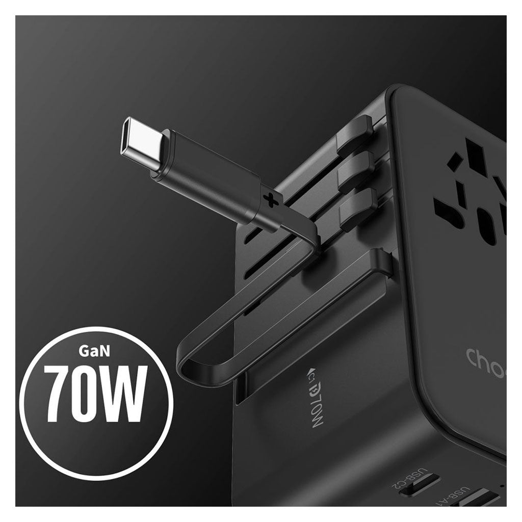 Choetech PD5022 70W Travel Adapter w/ Built-in USB-C Cable - Black(ELECHOPD5022) - 3