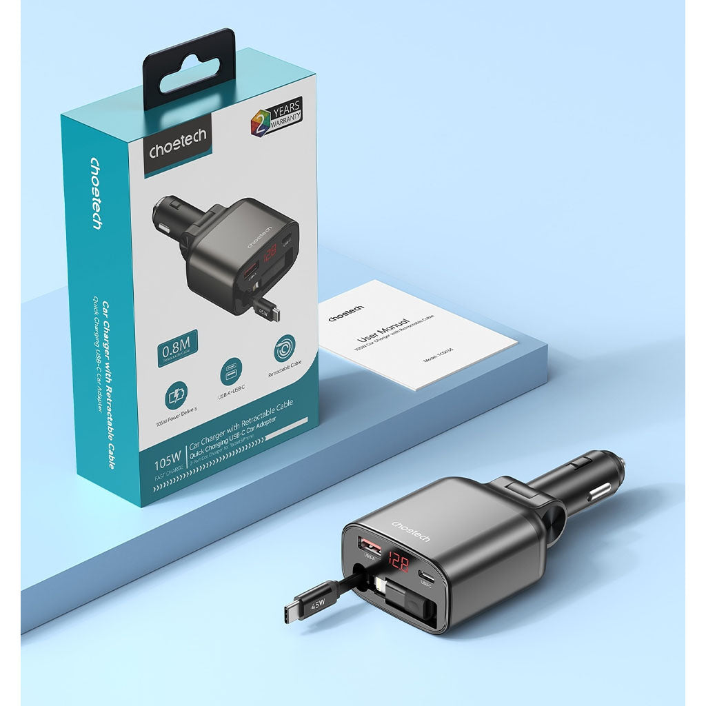 Choetech TC0033 105W USB-C+USB-A Fast Car Charger w/ Stretchable USB-C & Lightning Cables(ELECHOTC0033) - 4