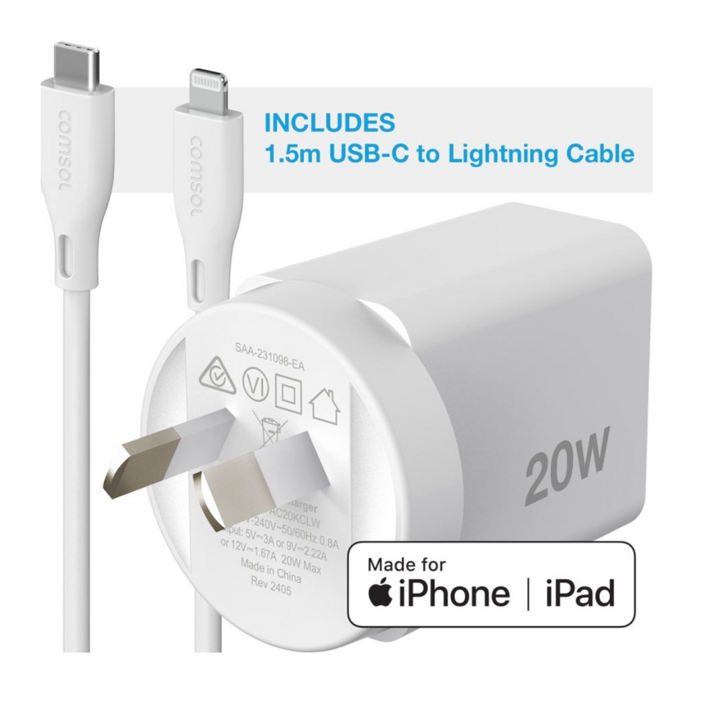 Comsol 20W USB-C Wall Charger + 1.5m USB-C to Lightning Cable(AC20KCLW) - 2