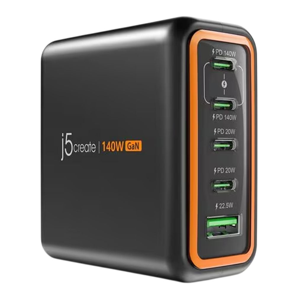 j5create 140W Fast GaN 5-Port USB-C + USB-A Wall Charger(JUP57140U) - 1