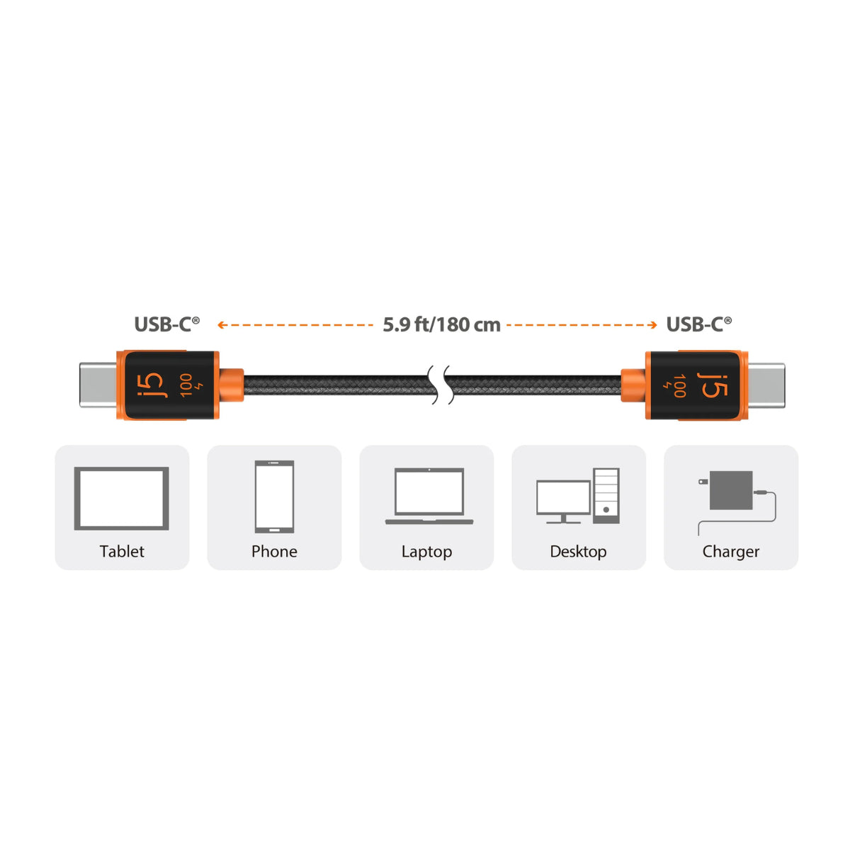 j5create 1.8m 100W USB-C to USB-C Braided Cable(JUCX25L18) - 4
