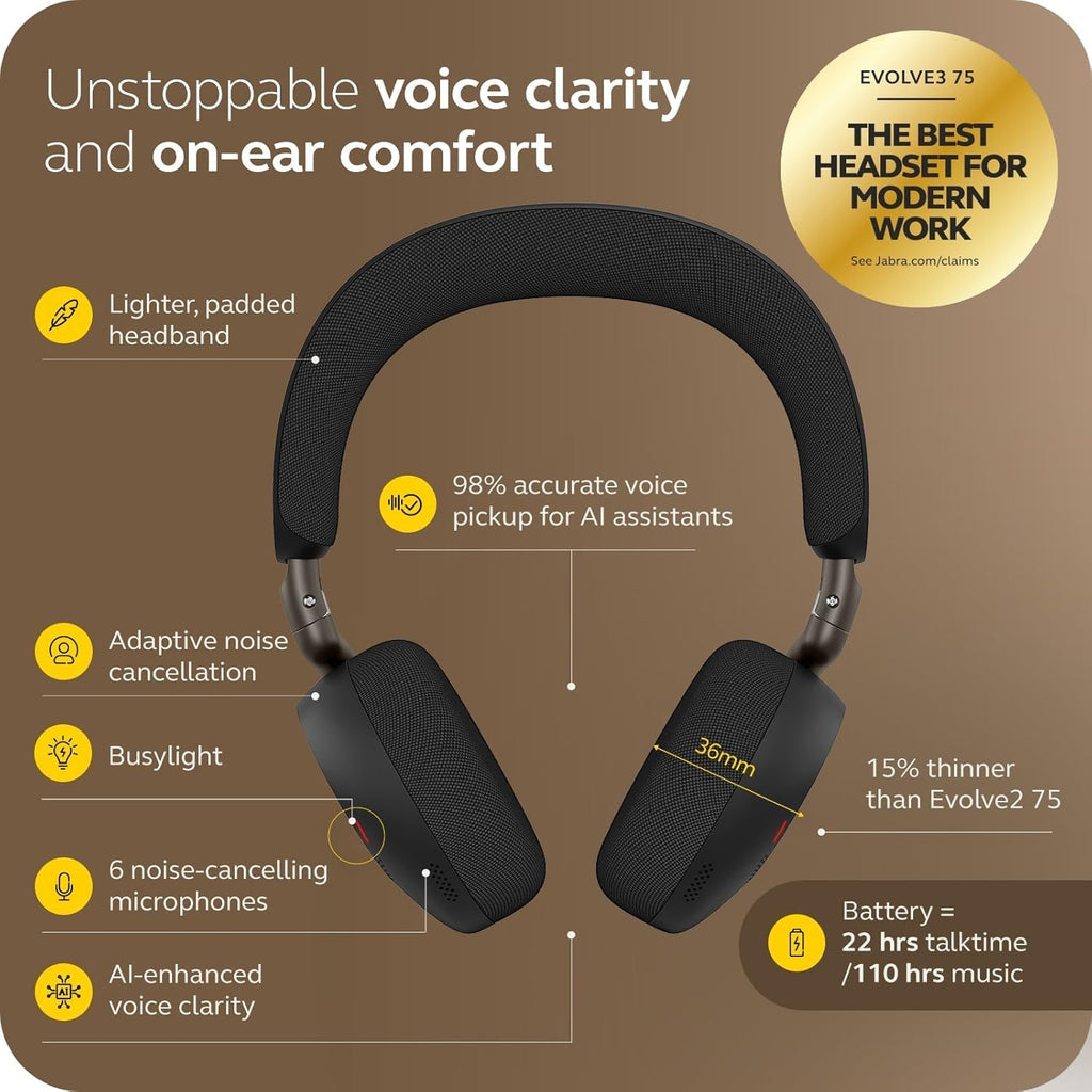 Jabra Evolve3 75 UC Active Noise Cancelling Bluetooth Headphones w/ Mic (USB-A Dongle)(37599-989-999) - 6