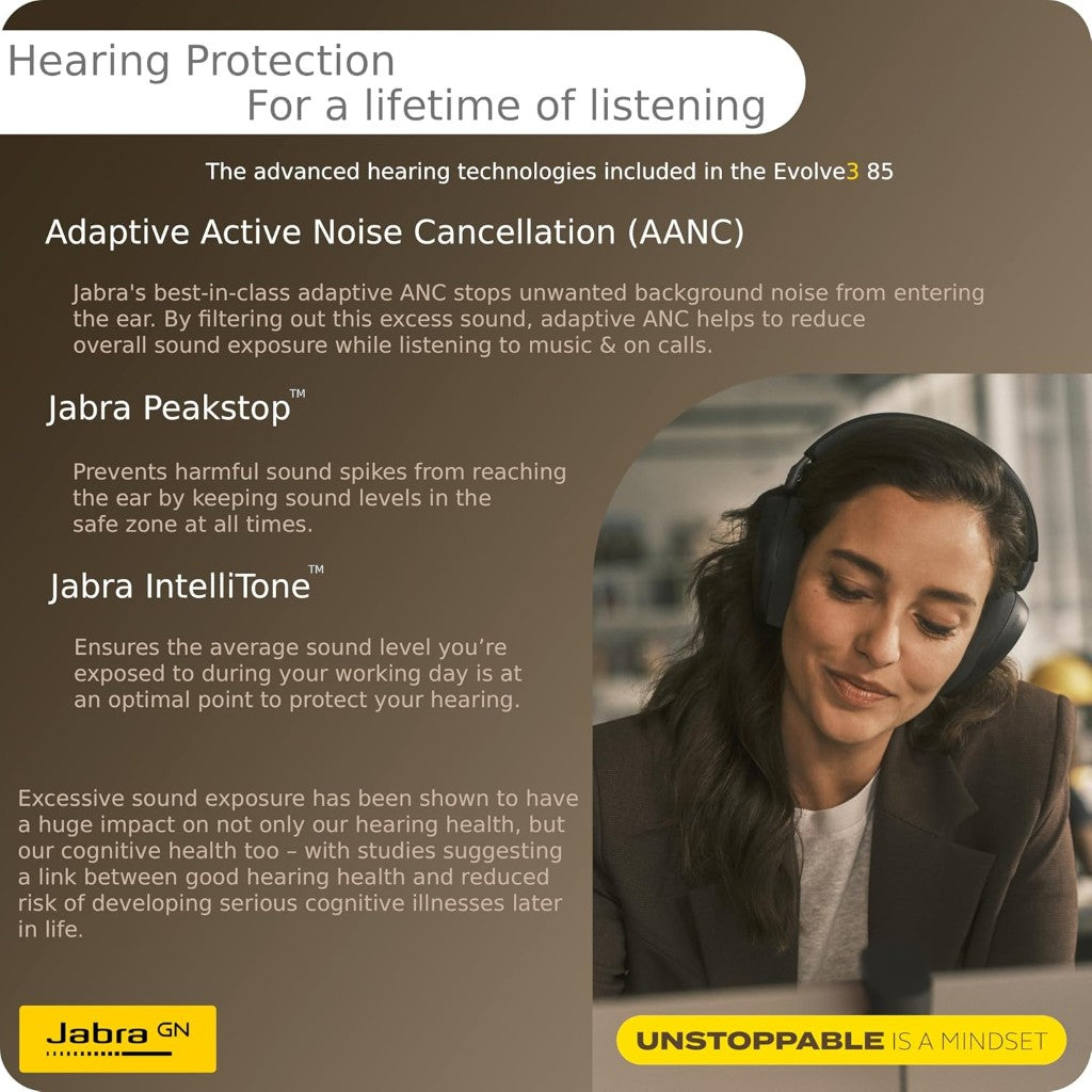 Jabra Evolve3 85 MS Active Noise Cancelling Bluetooth Headphones w/ Mic (USB-C Dongle) + Wireless Charging Pad(38599-999-889) - 8