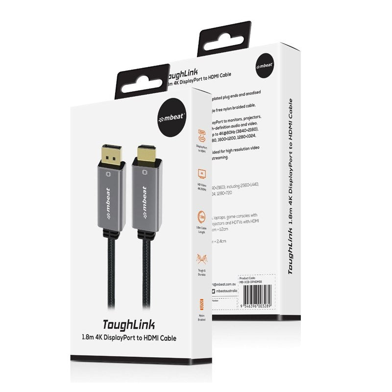 mbeat ToughLink 4K DisplayPort 1.2 to HDMI 2.0 M/M Cable - 1.8m(MB-XCB-DPHDM18) - 2