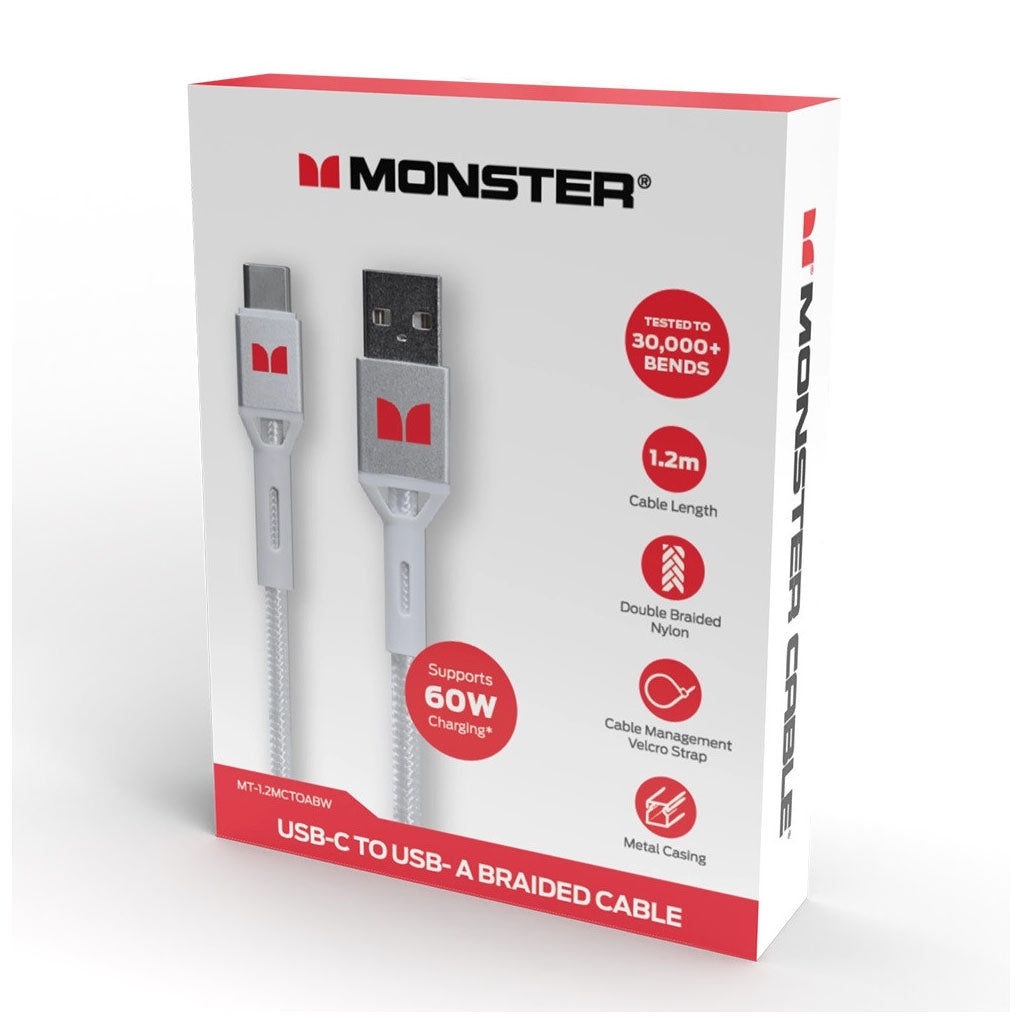 Monster 1.2m USB-C to USB-A Braided Cable - White(MT-1.2MCTOABW) - 2