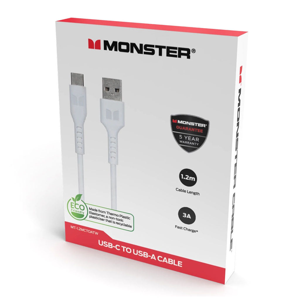 Monster 1.2m USB-C to USB-A TPE Cable - White(MT-1.2MCTOATW) - 2
