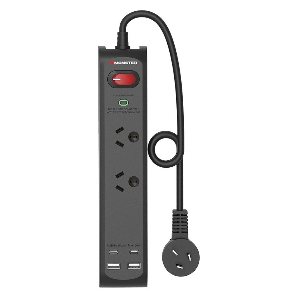 Monster Dual Socket Surge Protector with 4 USB Charging Ports - Black(MT-FPU30WB) - 1