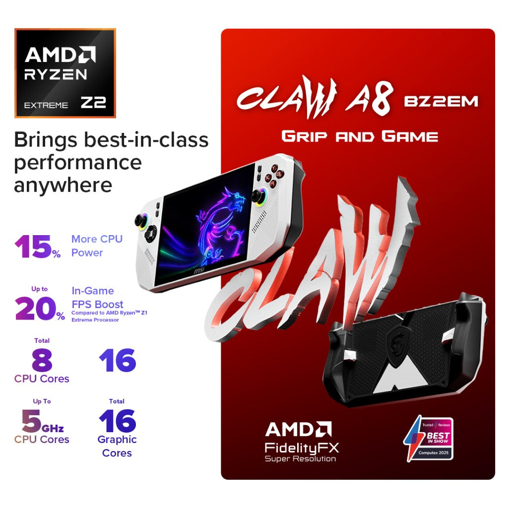MSI Claw A8 BZ2EM 8" FHD+ 120Hz Handheld Console - Ryzen Z2 Extreme 24GB 1TB W11H - Polar Tempest(Claw A8 BZ2EM-010AU) - 10