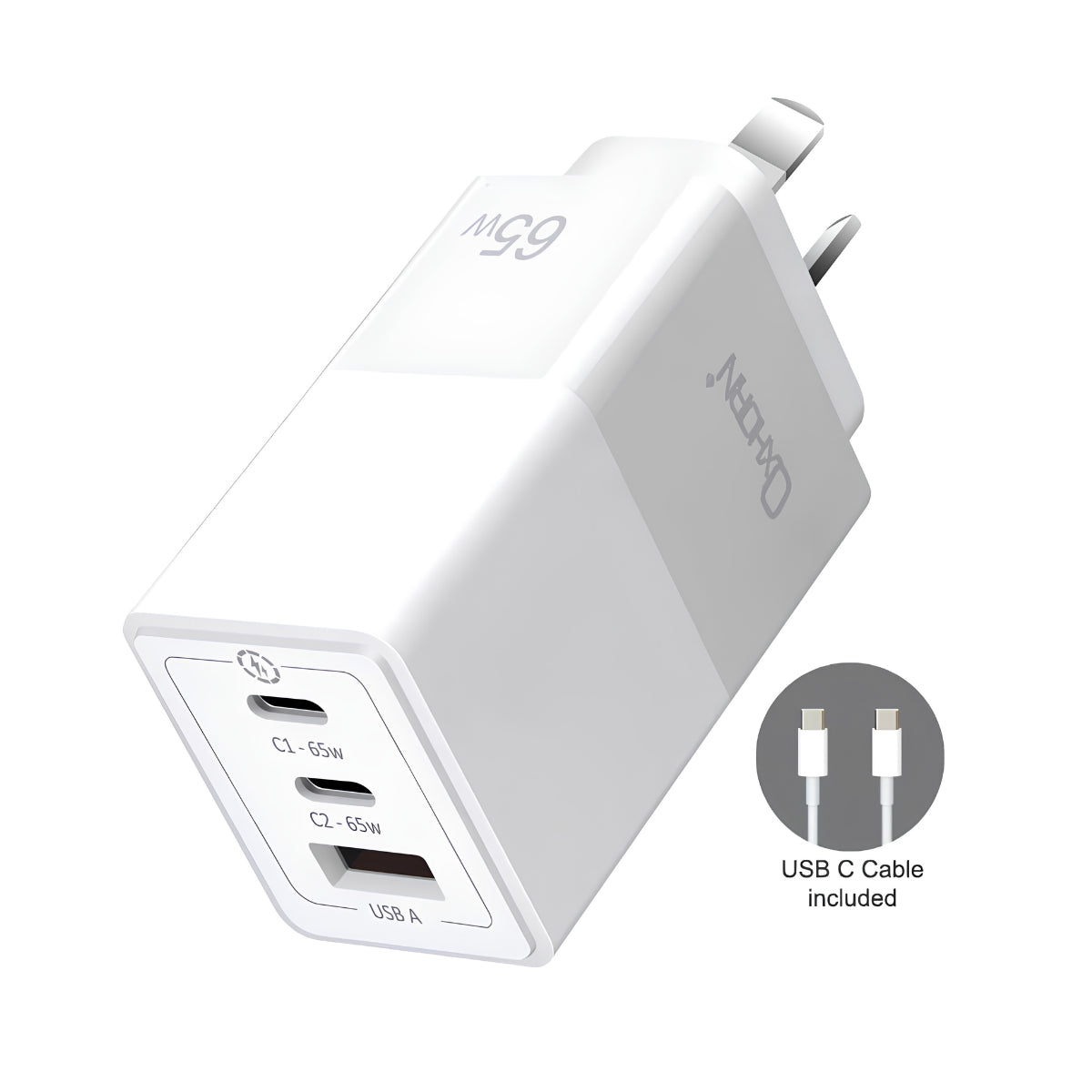 Oxhorn 65W PD GaN Fast Wall Charger 3-Port USB-C/USB-A - White(ACBOXHNBPD65CCAW) - 1