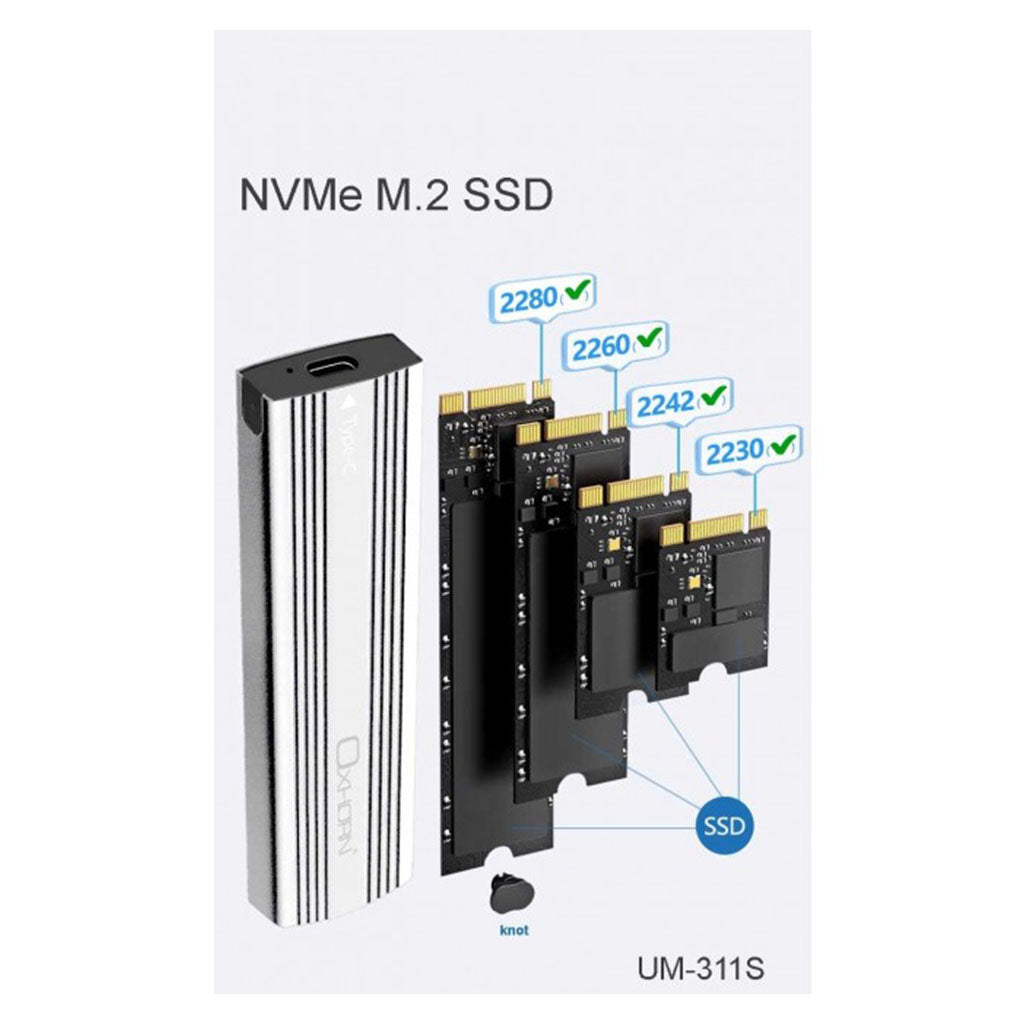 Oxhorn UM-311S USB-C 3.2 Gen 2 M.2 NVMe Aluminium Enclosure - Silver(ACBOXHUM311S) - 5