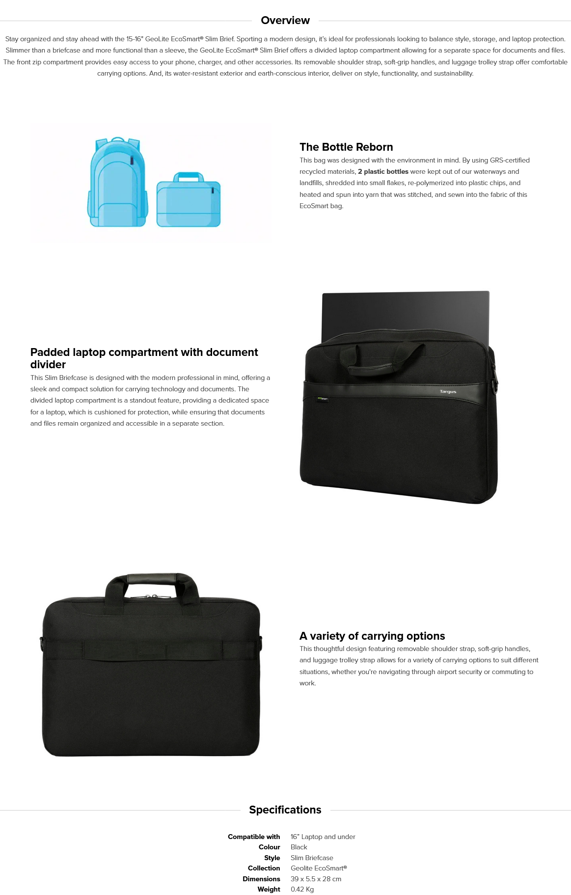 Targus 15-16" GeoLite EcoSmart Slim Briefcase(TSS984GL) - 2