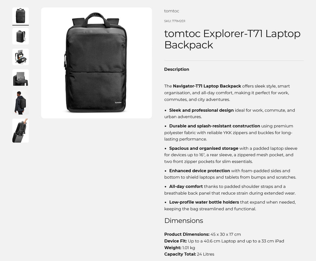 tomtoc Explorer-T71 Laptop Backpack(T71M2D1) - 2