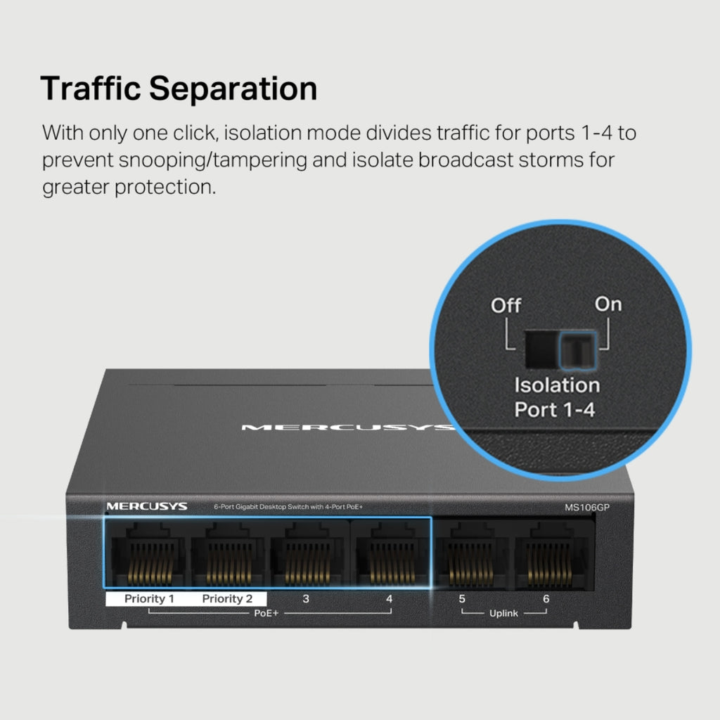 Mercusys MS106GP 6-Port Gigabit Desktop Switch with 4-Port PoE+(MS106GP) - 7