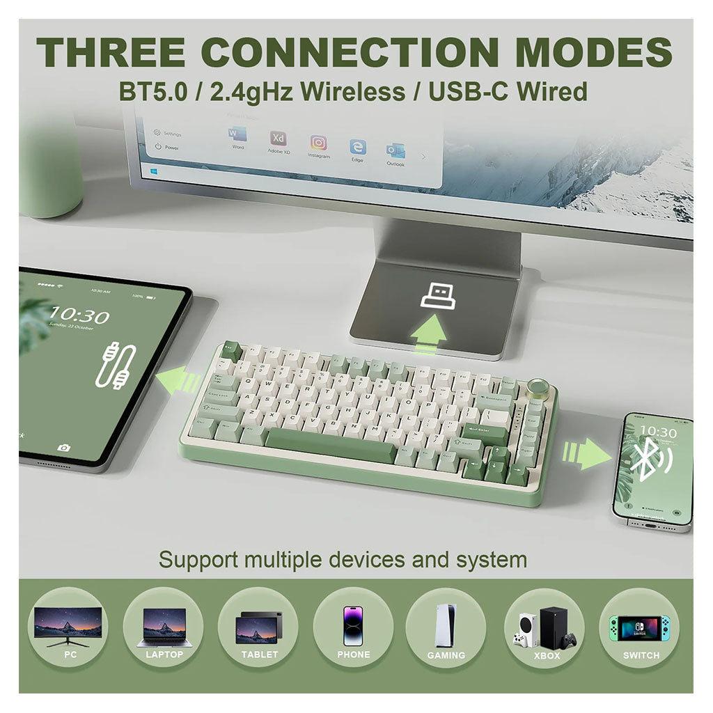 Yunzii B75 Pro Hot-Swappable Wireless Green Mechanical Keyboard - Milk V2 Switches(KBYZB75PGRMK) - 10