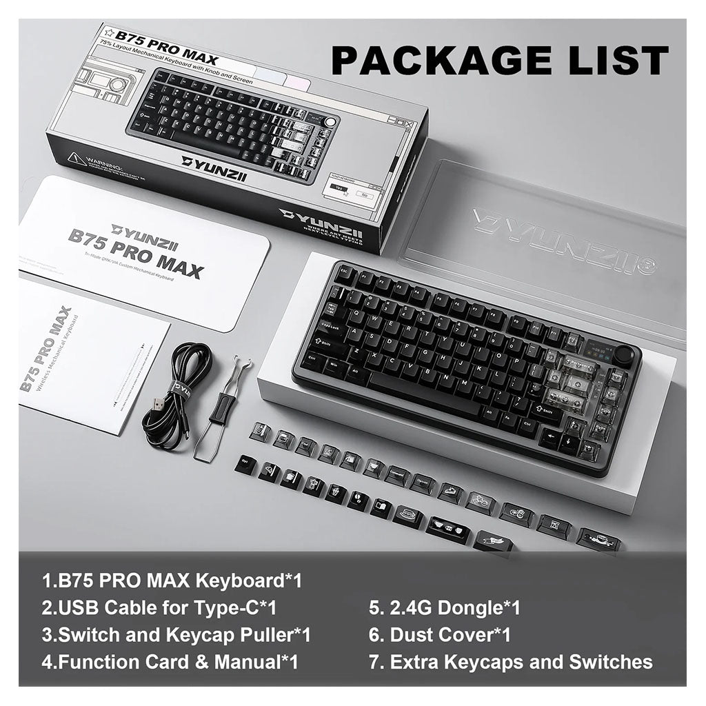Yunzii B75 PRO QMK/VIA Knob TFT Screen Wireless Black Mechanical Keyboard - Candy Linear(KBYZB75MAXBKCD) - 12