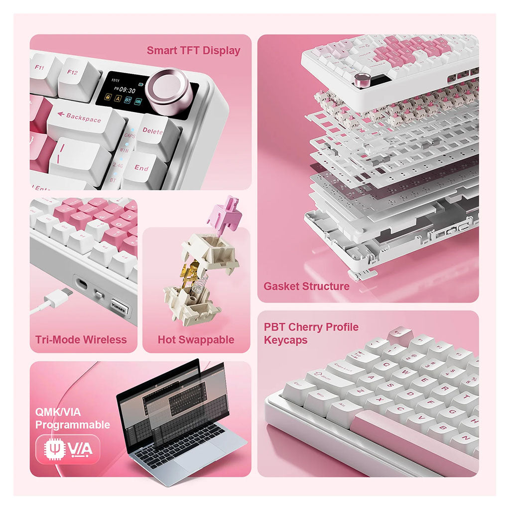 Yunzii B75 PRO QMK/VIA Knob TFT Screen Wireless Black Mechanical Keyboard - Candy Linear(KBYZB75MAXBKCD) - 10